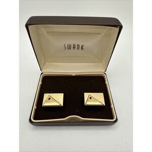 Vintage‎ Swank brushed gold-tone geometric W/ Small Red Rhinestone cufflinks